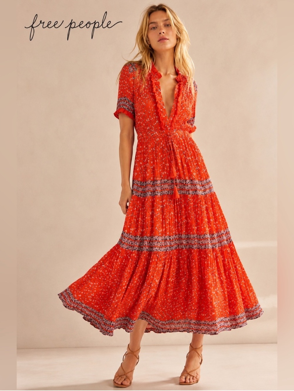 Free People Rare Feeling Floral Tiered Pleated Maxi Dress XS